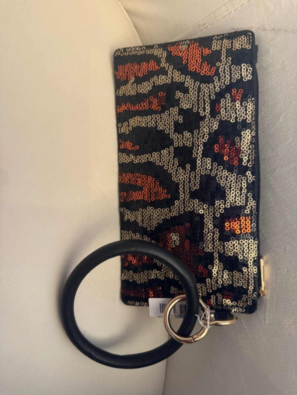 Sequin Leopard Print Wristlet Clutch - Black, Gold & Copper